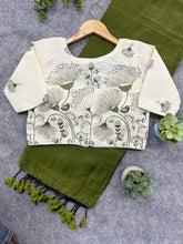 Mehndi Handloom Khadi Cotton Saree With Embrodery Work Stitched Blouse